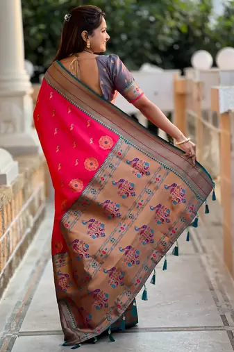 soft litchi art silk paithani jacquard saree (peacock-paithani-pink)