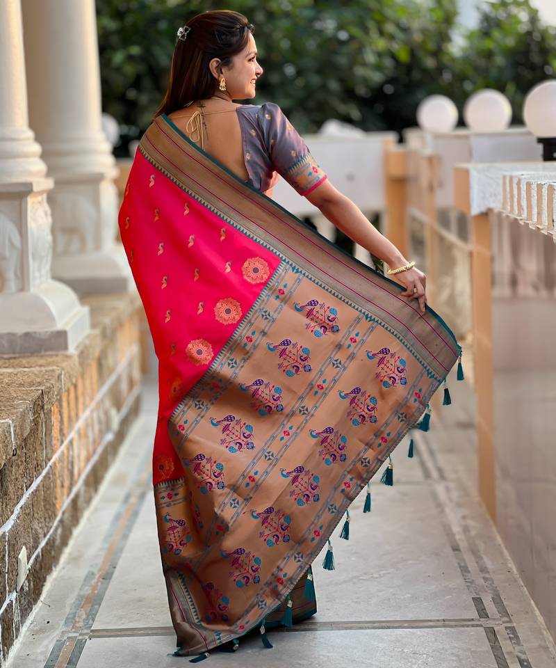 soft litchi art silk paithani jacquard saree (peacock-paithani-pink)