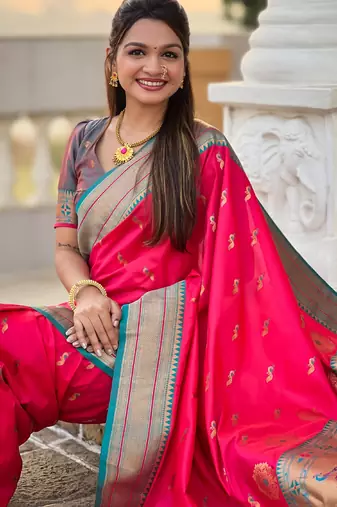 soft litchi art silk paithani jacquard saree (peacock-paithani-pink)
