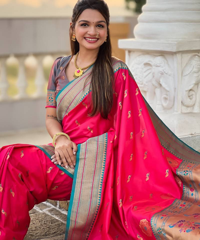 soft litchi art silk paithani jacquard saree (peacock-paithani-pink)