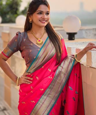 soft litchi art silk paithani jacquard saree (peacock-paithani-pink) 5