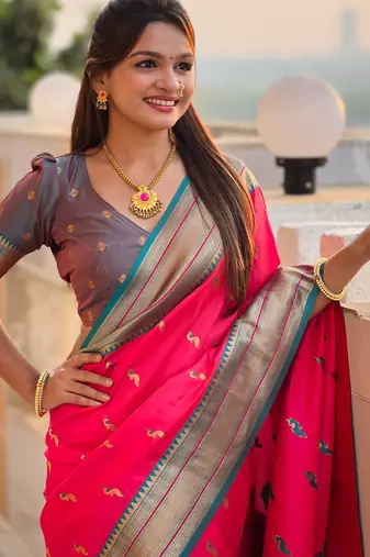 soft litchi art silk paithani jacquard saree (peacock-paithani-pink)