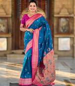 soft litchi art silk paithani jacquard saree (peacock-paithani-sky-blue)