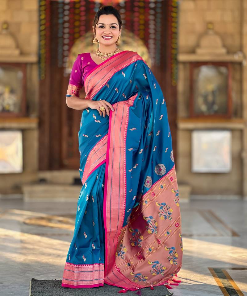 soft litchi art silk paithani jacquard saree (peacock-paithani-sky-blue)