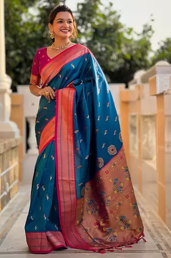 soft litchi art silk paithani jacquard saree (peacock-paithani-sky-blue)