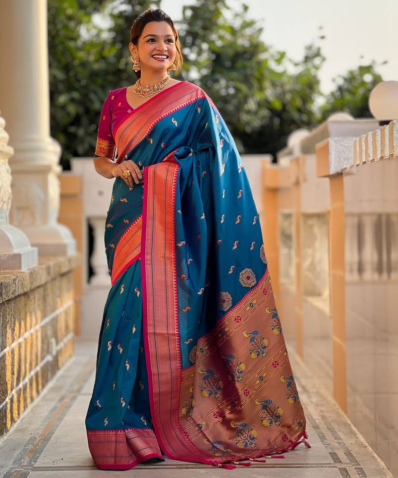 soft litchi art silk paithani jacquard saree (peacock-paithani-sky-blue)