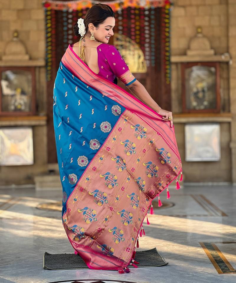 soft litchi art silk paithani jacquard saree (peacock-paithani-sky-blue)