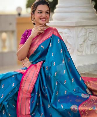 soft litchi art silk paithani jacquard saree (peacock-paithani-sky-blue) 4