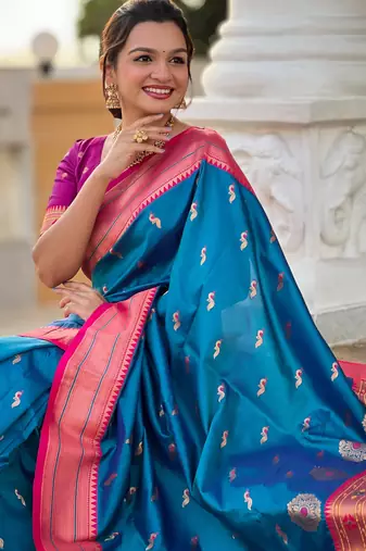 soft litchi art silk paithani jacquard saree (peacock-paithani-sky-blue)
