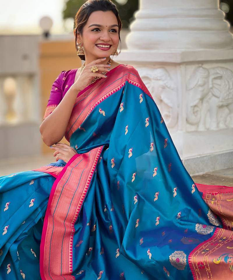 soft litchi art silk paithani jacquard saree (peacock-paithani-sky-blue)