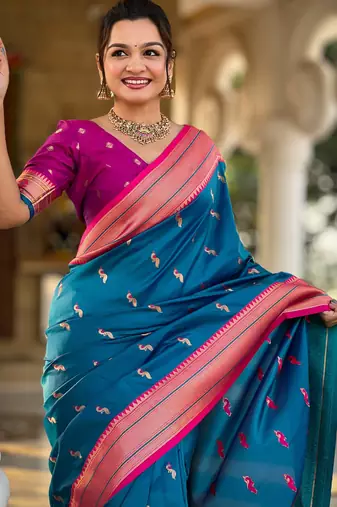 soft litchi art silk paithani jacquard saree (peacock-paithani-sky-blue)