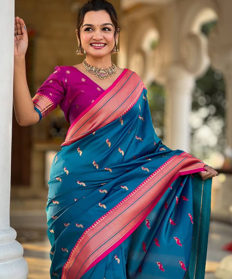 soft litchi art silk paithani jacquard saree (peacock-paithani-sky-blue)