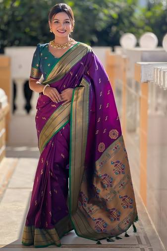 soft litchi art silk paithani jacquard saree (peacock-paithani-wine)