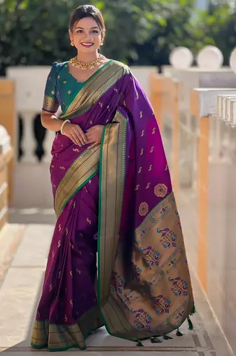 soft litchi art silk paithani jacquard saree (peacock-paithani-wine)