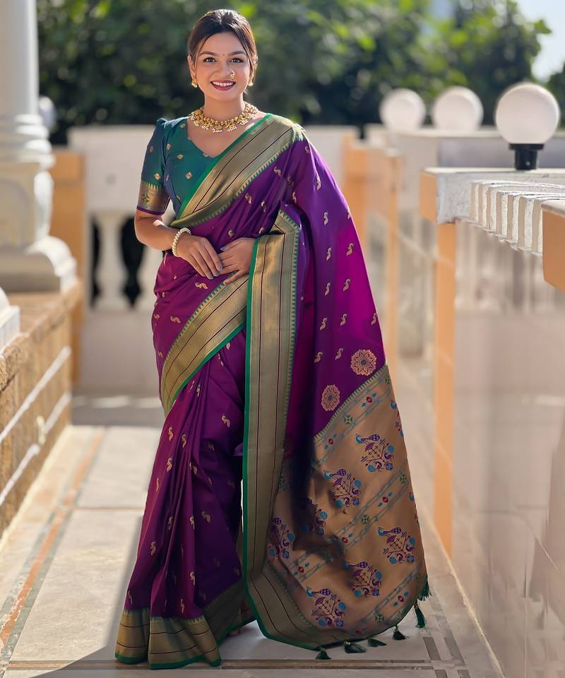 soft litchi art silk paithani jacquard saree (peacock-paithani-wine)