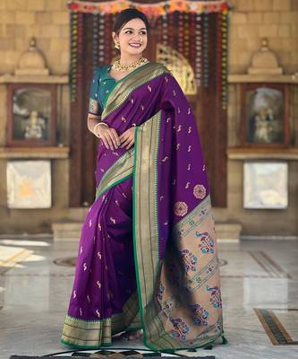 soft litchi art silk paithani jacquard saree (peacock-paithani-wine) 2