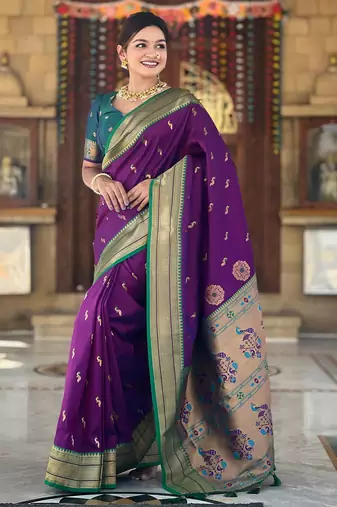 soft litchi art silk paithani jacquard saree (peacock-paithani-wine)