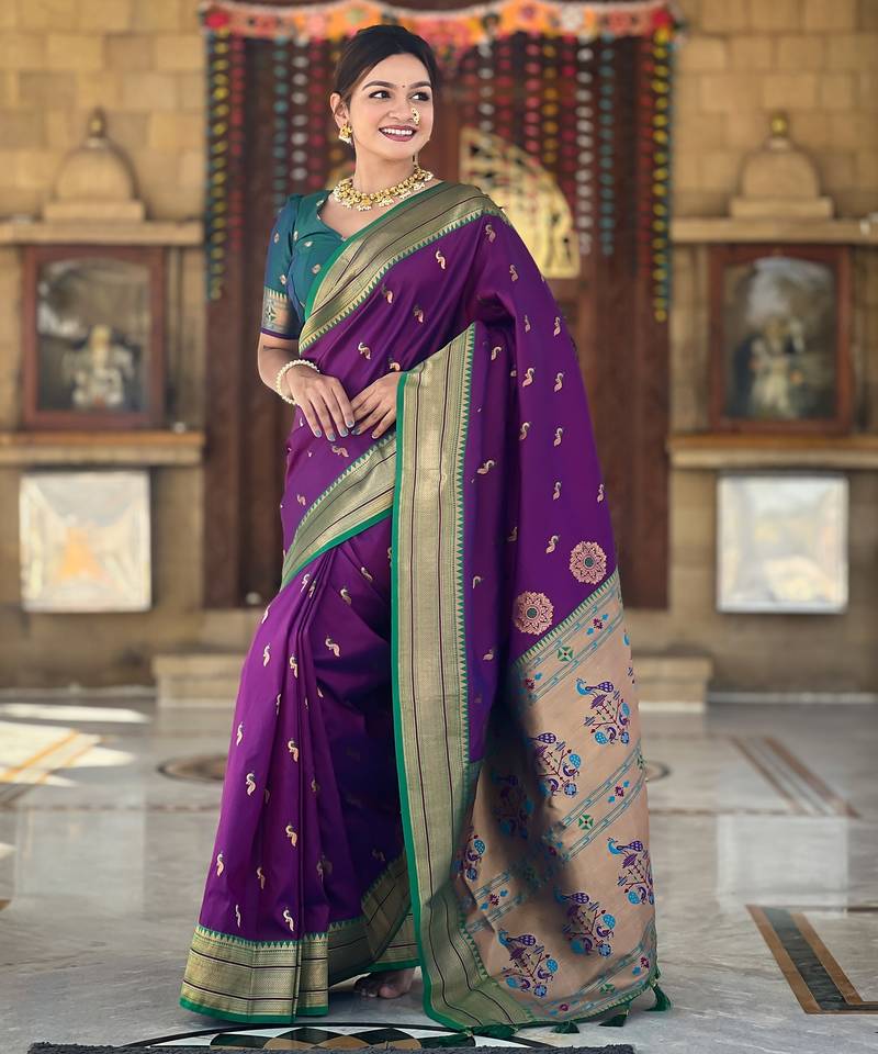 soft litchi art silk paithani jacquard saree (peacock-paithani-wine)