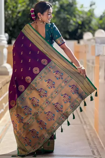 soft litchi art silk paithani jacquard saree (peacock-paithani-wine)