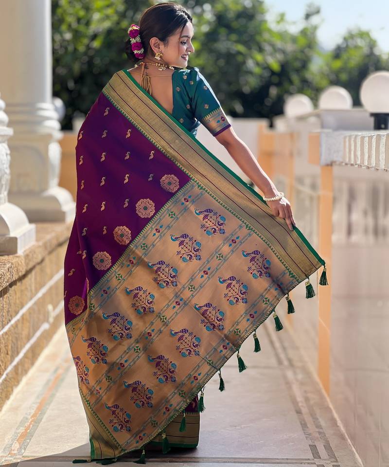 soft litchi art silk paithani jacquard saree (peacock-paithani-wine)