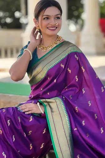 soft litchi art silk paithani jacquard saree (peacock-paithani-wine)