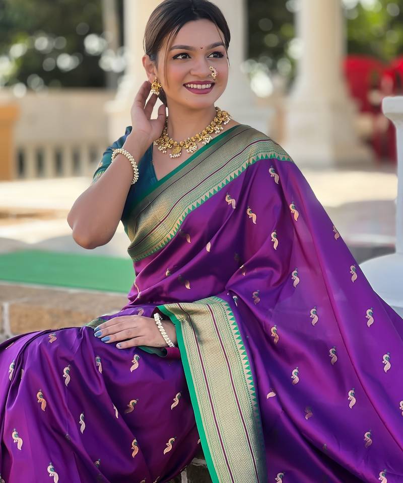 soft litchi art silk paithani jacquard saree (peacock-paithani-wine)