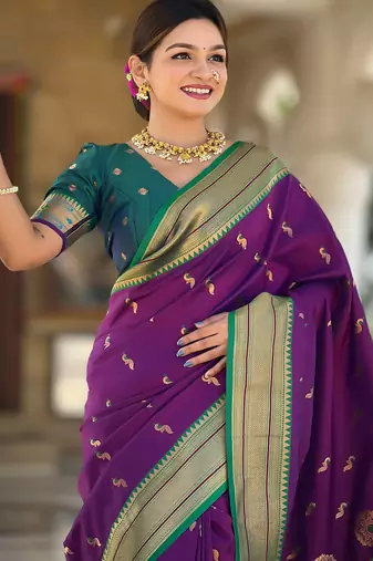 soft litchi art silk paithani jacquard saree (peacock-paithani-wine)