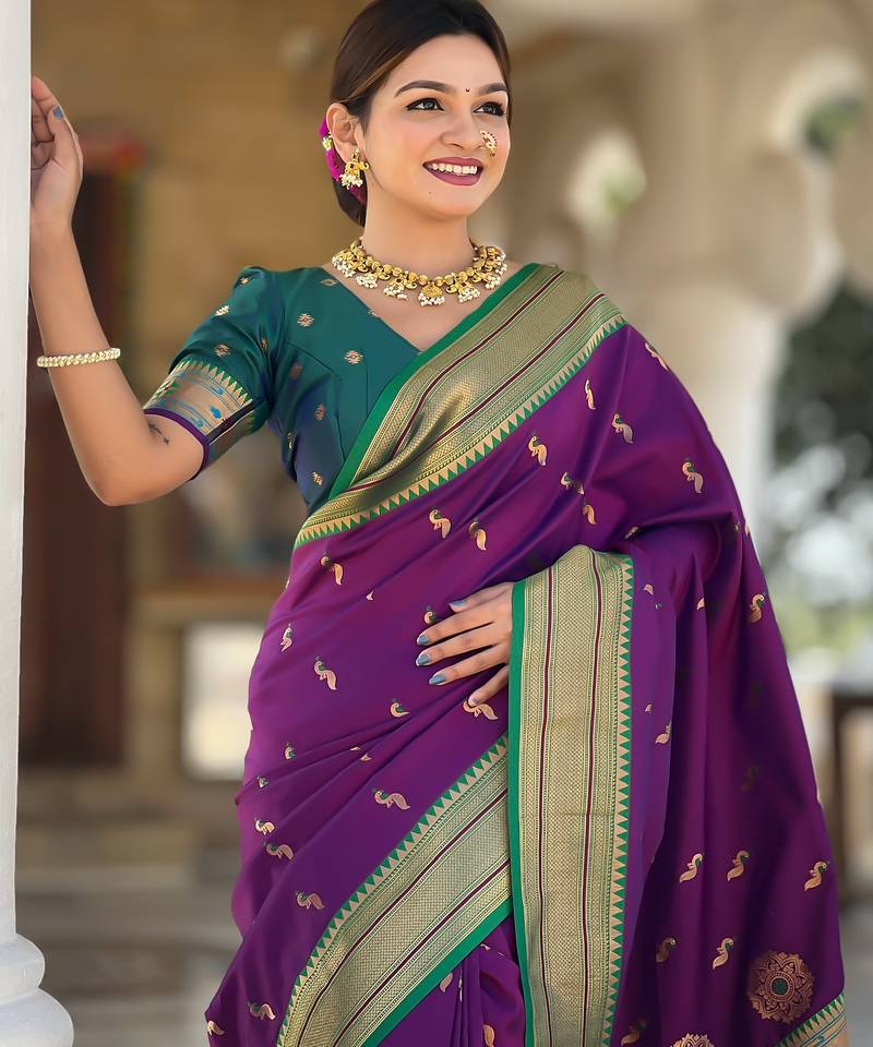 soft litchi art silk paithani jacquard saree (peacock-paithani-wine)