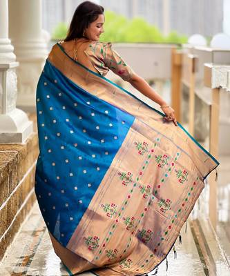 soft litchi art silk paithani jacquard saree (raffel-paithani-firozi) 3