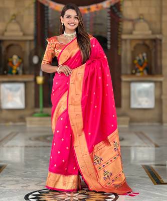 soft litchi art silk paithani jacquard saree (raffel-paithani-rani-pink) 1