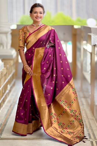 soft litchi art silk paithani jacquard saree (raffel-paithani-wine)