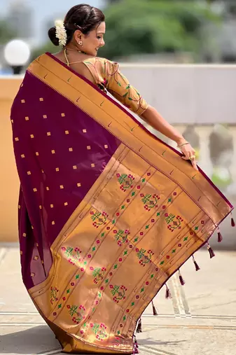 soft litchi art silk paithani jacquard saree (raffel-paithani-wine)