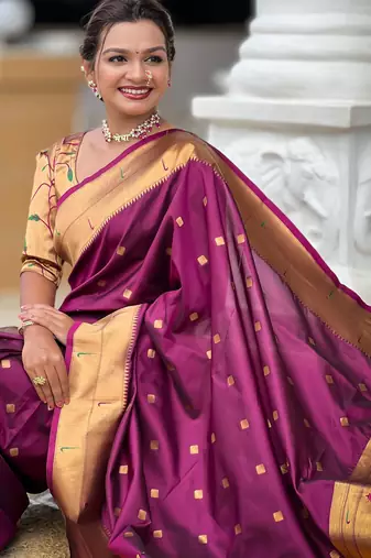 soft litchi art silk paithani jacquard saree (raffel-paithani-wine)