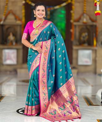 soft litchi art silk paithani jacquard saree (royal-paithani-1-aqua) 2