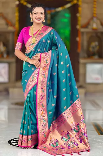 soft litchi art silk paithani jacquard saree (royal-paithani-1-aqua)