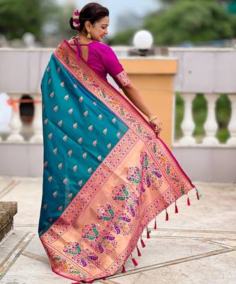 soft litchi art silk paithani jacquard saree (royal-paithani-1-aqua) 3