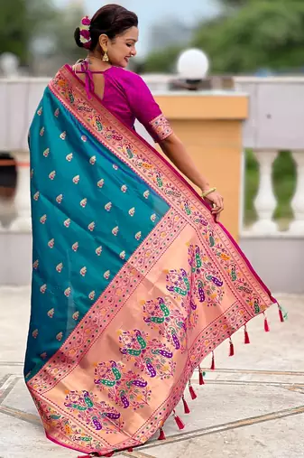 soft litchi art silk paithani jacquard saree (royal-paithani-1-aqua)