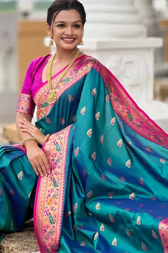 soft litchi art silk paithani jacquard saree (royal-paithani-1-aqua)