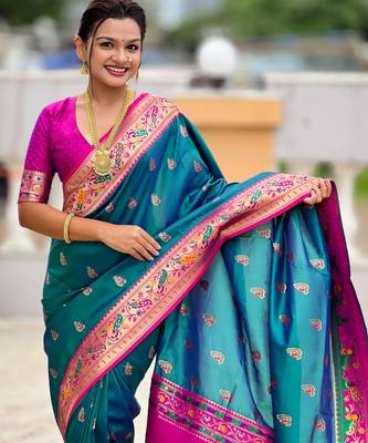 soft litchi art silk paithani jacquard saree (royal-paithani-1-aqua) 5