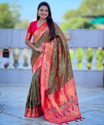 soft litchi art silk paithani jacquard saree (royal-paithani-1-mahendi) 1