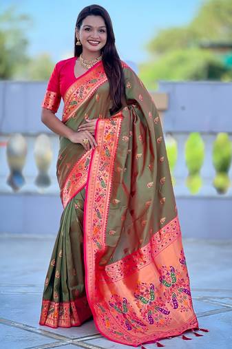 soft litchi art silk paithani jacquard saree (royal-paithani-1-mahendi)