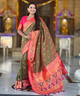 soft litchi art silk paithani jacquard saree (royal-paithani-1-mahendi) 2