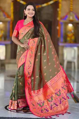 soft litchi art silk paithani jacquard saree (royal-paithani-1-mahendi)