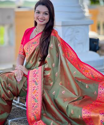 soft litchi art silk paithani jacquard saree (royal-paithani-1-mahendi) 4