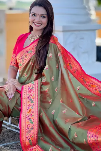 soft litchi art silk paithani jacquard saree (royal-paithani-1-mahendi)