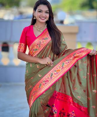 soft litchi art silk paithani jacquard saree (royal-paithani-1-mahendi) 5