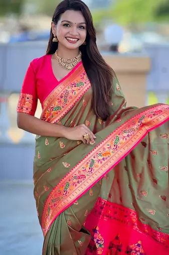 soft litchi art silk paithani jacquard saree (royal-paithani-1-mahendi)