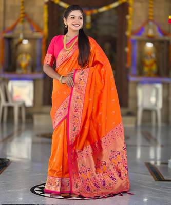soft litchi art silk paithani jacquard saree (royal-paithani-1-orange) 2