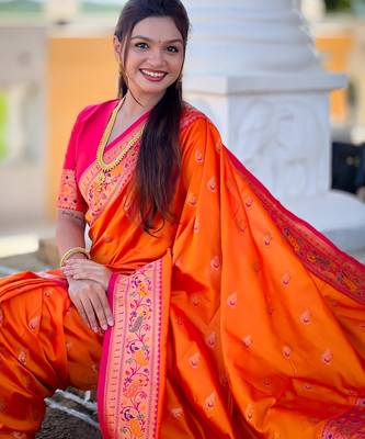 soft litchi art silk paithani jacquard saree (royal-paithani-1-orange) 4