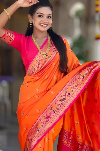 soft litchi art silk paithani jacquard saree (royal-paithani-1-orange)